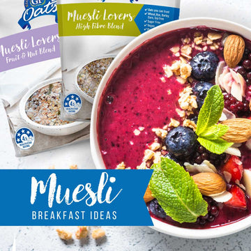 10 Muesli Breakfast Ideas - Smoothie Bowl topped with fruit and muesli with GF Oats Muesli in the background