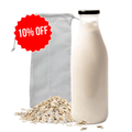 oat milk making kit which includes a grey oat milk bag and a clear glass bottle with oat milk inside, along with a pile of rolled oats in front. There is a red label with '10% OFF