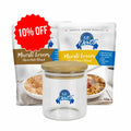 pack of overnight oats product, including two packages of muesli blends labeled 'Mixed Spice' and 'Chocolate Lovers', and a glass bircher jar. 10% OFF.