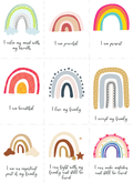 A collection of printable affirmation cards with colorful rainbow designs and affirming statements related to mind, presence, beauty, and family.