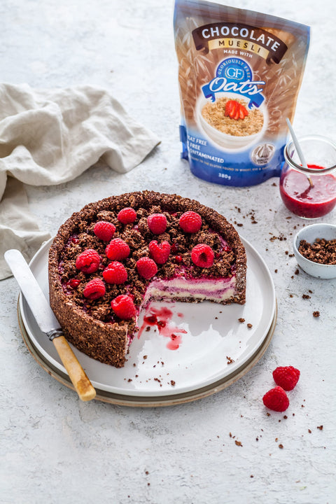 Vegan Choc Crumble Raspberry Cheesecake