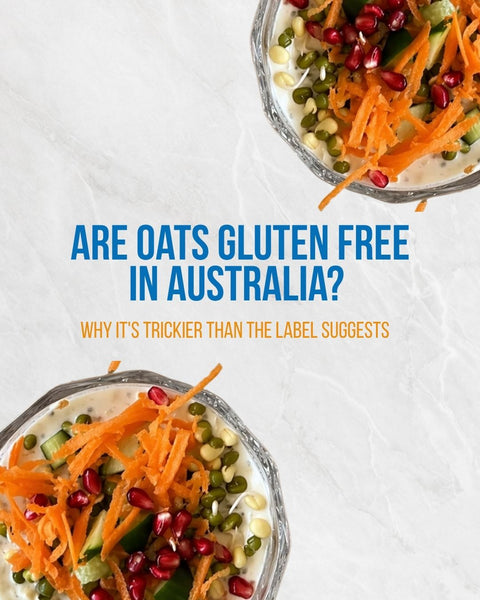 Are Oats Gluten Free in Australia text with two bowls filled with porridge and topped with fresh ingredients