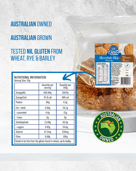 GF Oats 20 Pack Choc Chip Biscuits Label