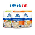 Three GF Oats pouches shown together on a white background with a blue and red promotional headline above reading '3 FOR $38'. The pouches are labeled Organic Oats, Traditional Oats, and Oats, with GF Oats branding visible on each package.