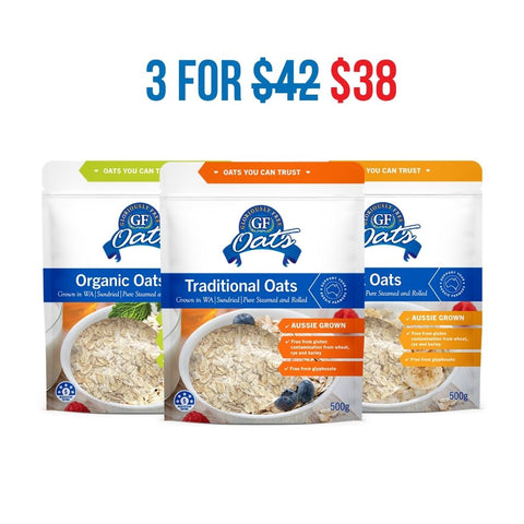 Three GF Oats pouches shown together on a white background with a blue and red promotional headline above reading '3 FOR $38'. The pouches are labeled Organic Oats, Traditional Oats, and Oats, with GF Oats branding visible on each package.