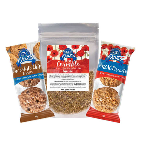 Biscuit Sample Pack including 2x pack Chcoocalte Chip Biscuits, 2x Pack Anzac Biscuits & a Sample Anzac Biscuit Crumble