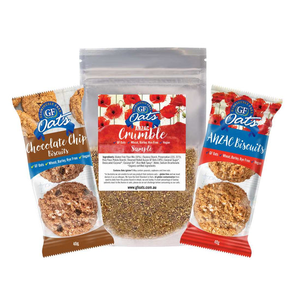 Biscuit Sample Pack including 2x pack Chcoocalte Chip Biscuits, 2x Pack Anzac Biscuits & a Sample Anzac Biscuit Crumble