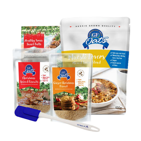 GF Oats Christams Baking Joy Value Pack with a blue spatula