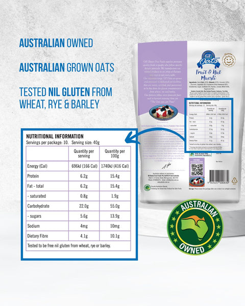 GF Oats Fruit & Nut Muesli Nutrition Label