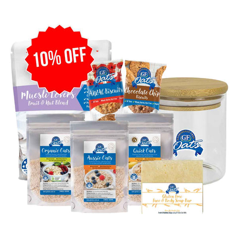 Assorted GF oats products with a 10% off label on a white background