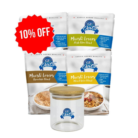 4 packs of GF Oats Muesli Flavours with a bircher jar