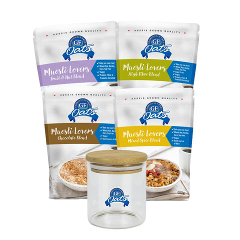 4 packs of GF Oats Muesli Flavours with a bircher jar