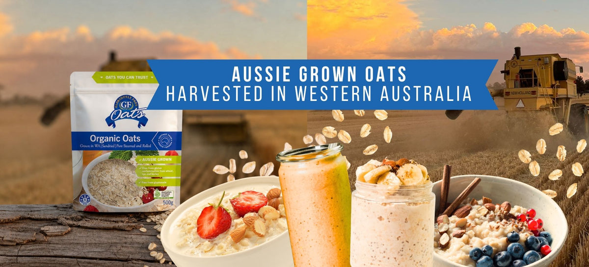 GF Oats Organic Oats sitting on a fence post in a Oat field with a harvester working in the background. In the foreground is a bowl of porridge, smoothie and overnight oat jar.