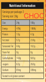 chocolate chip nutritional panel